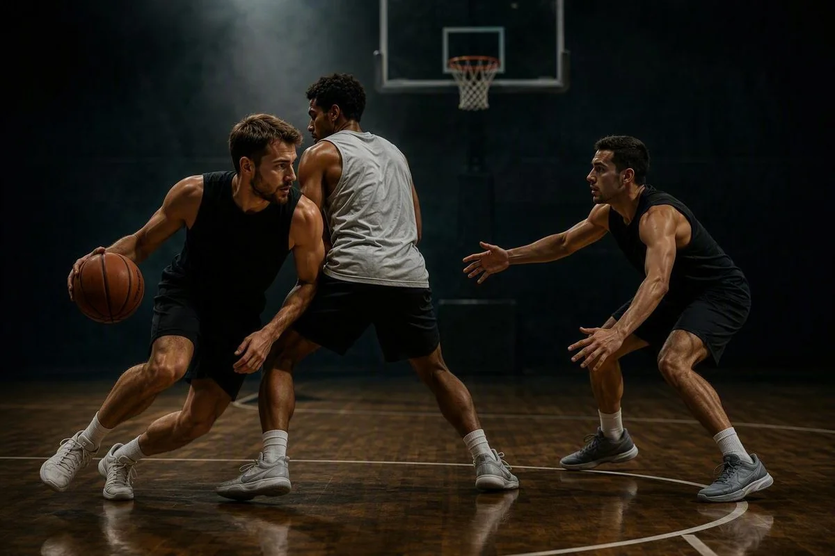 A ball handler moving around a teammate’s screen toward a defender